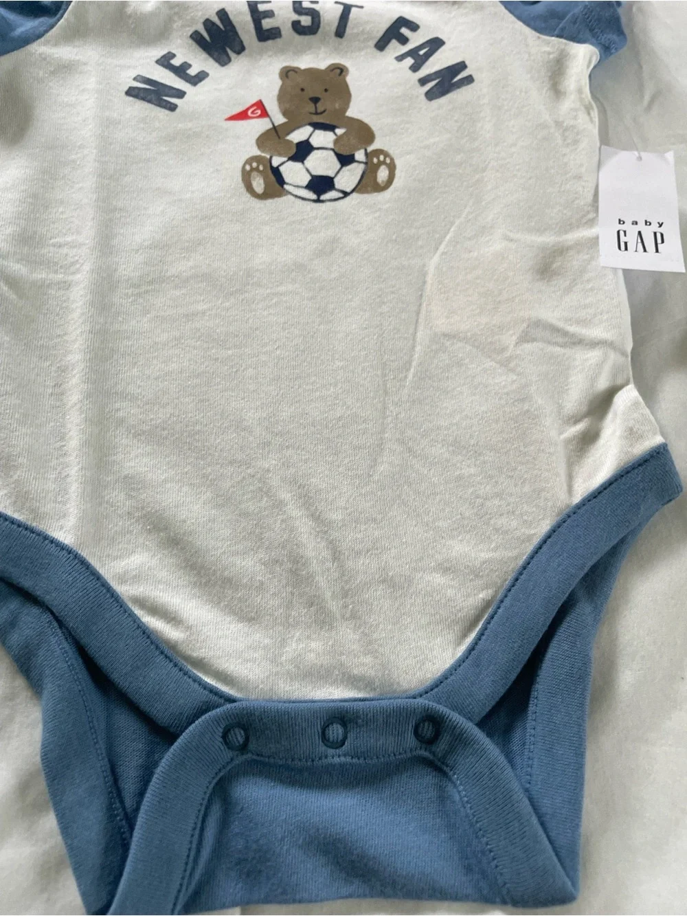 Baby GAP Blue & White 'Newest Fan' Teddy Soccer One-Piece